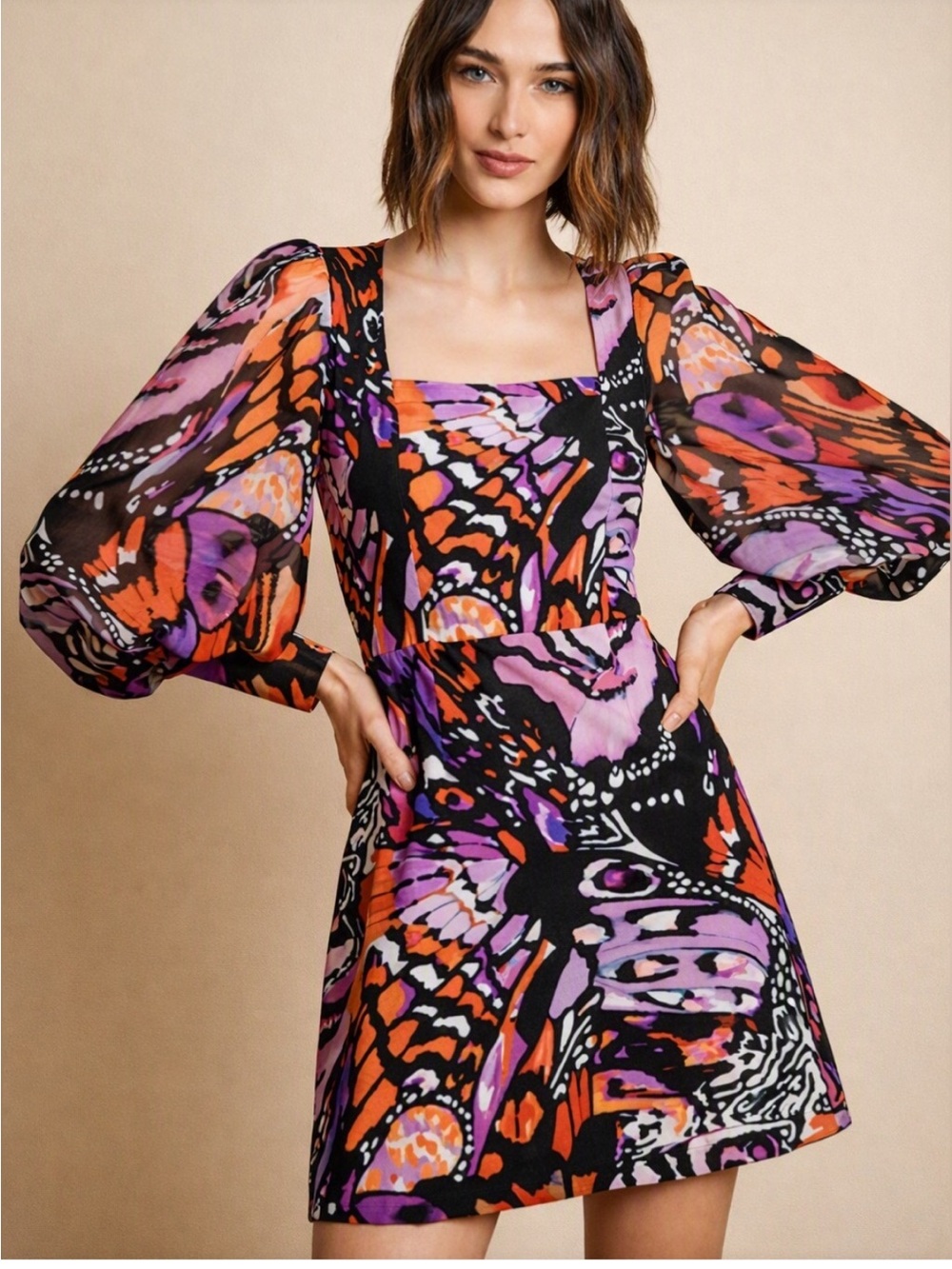 Free People Hutch Dress Elaine Mini Long Sleeve in Butterfly Swirls Size 6